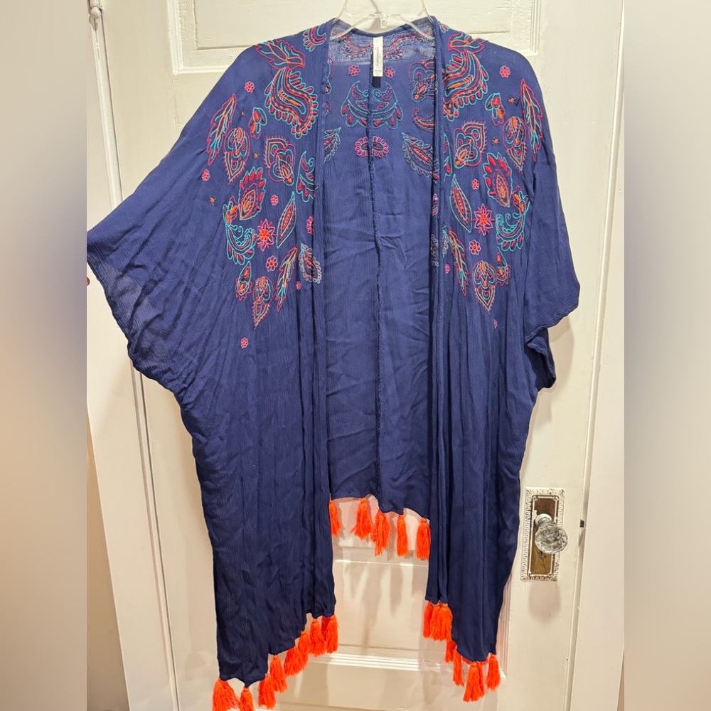 Navy Kimono with Colorful Embroidery
